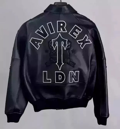 TRAPSTAR X AVIREX Men’s Black Leather Bomber Jacket – Genuine American Style