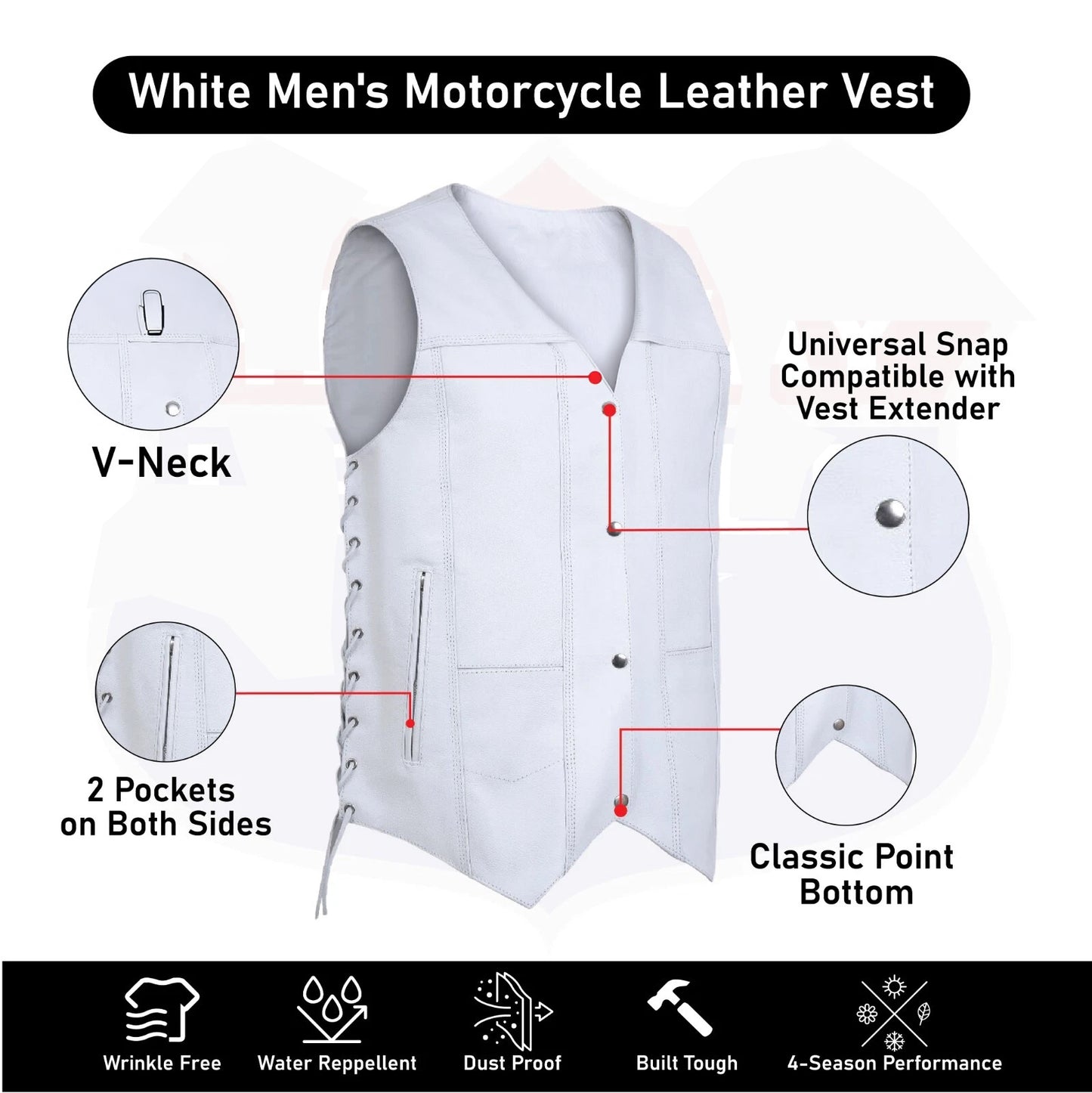 White Leather Biker Vest for Men – 7-Pocket Motorcycle Club Style
