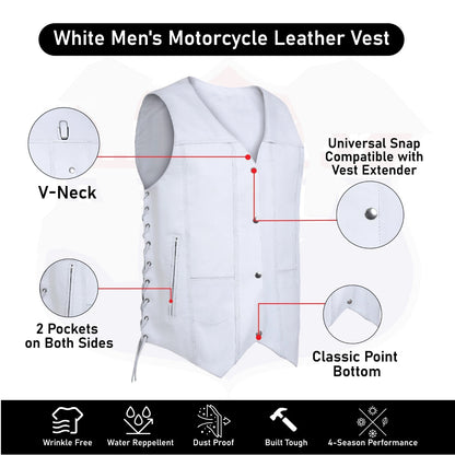 White Leather Biker Vest for Men – 7-Pocket Motorcycle Club Style