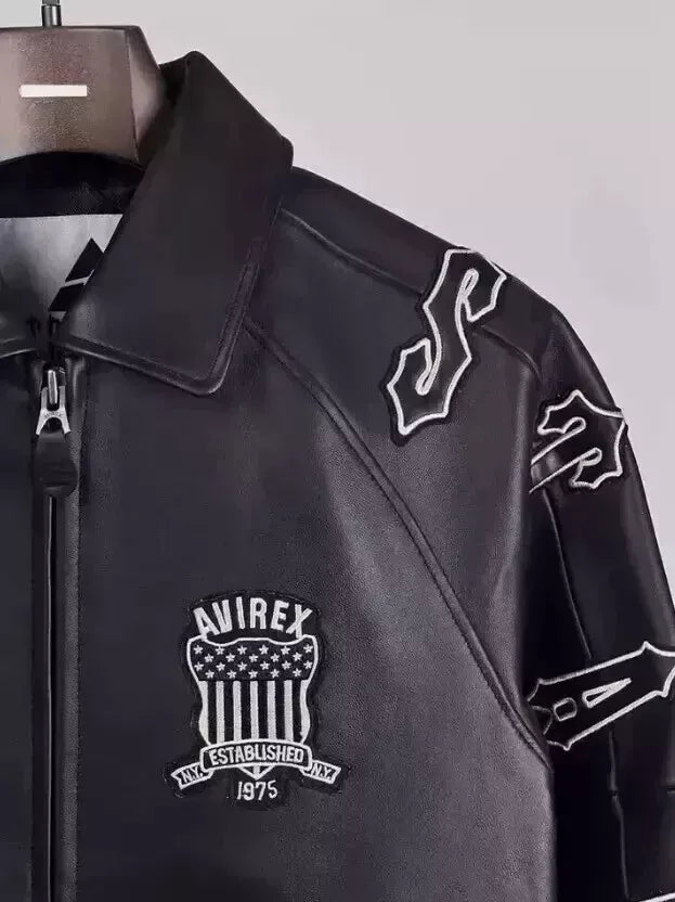 TRAPSTAR X AVIREX Men’s Black Leather Bomber Jacket – Genuine American Style