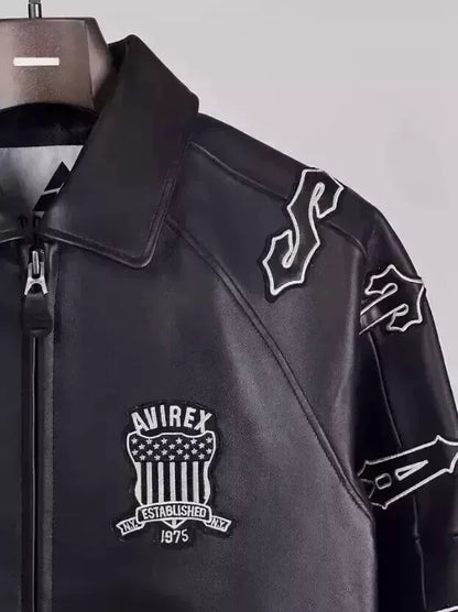 TRAPSTAR X AVIREX Men’s Black Leather Bomber Jacket – Genuine American Style
