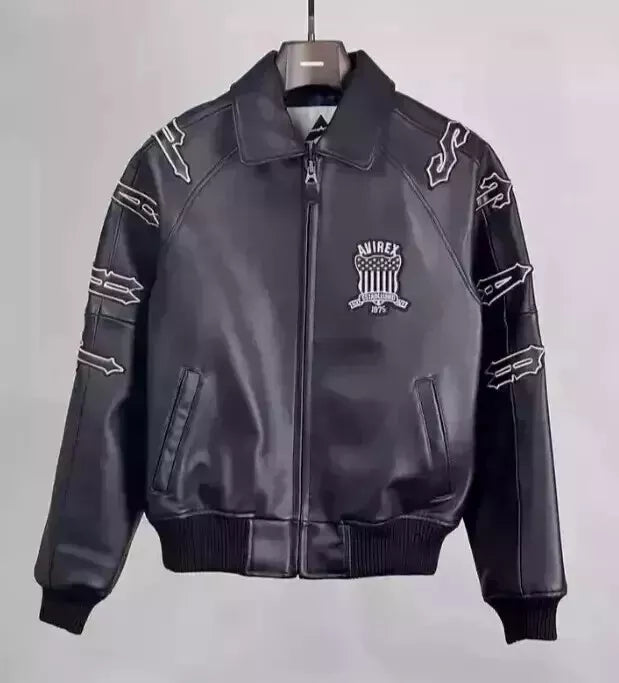 TRAPSTAR X AVIREX Men’s Black Leather Bomber Jacket – Genuine American Style