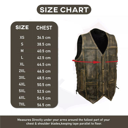 Men’s Distressed Brown Leather Motorcycle Vest – Riding Style w/ Inside Gun Pocket