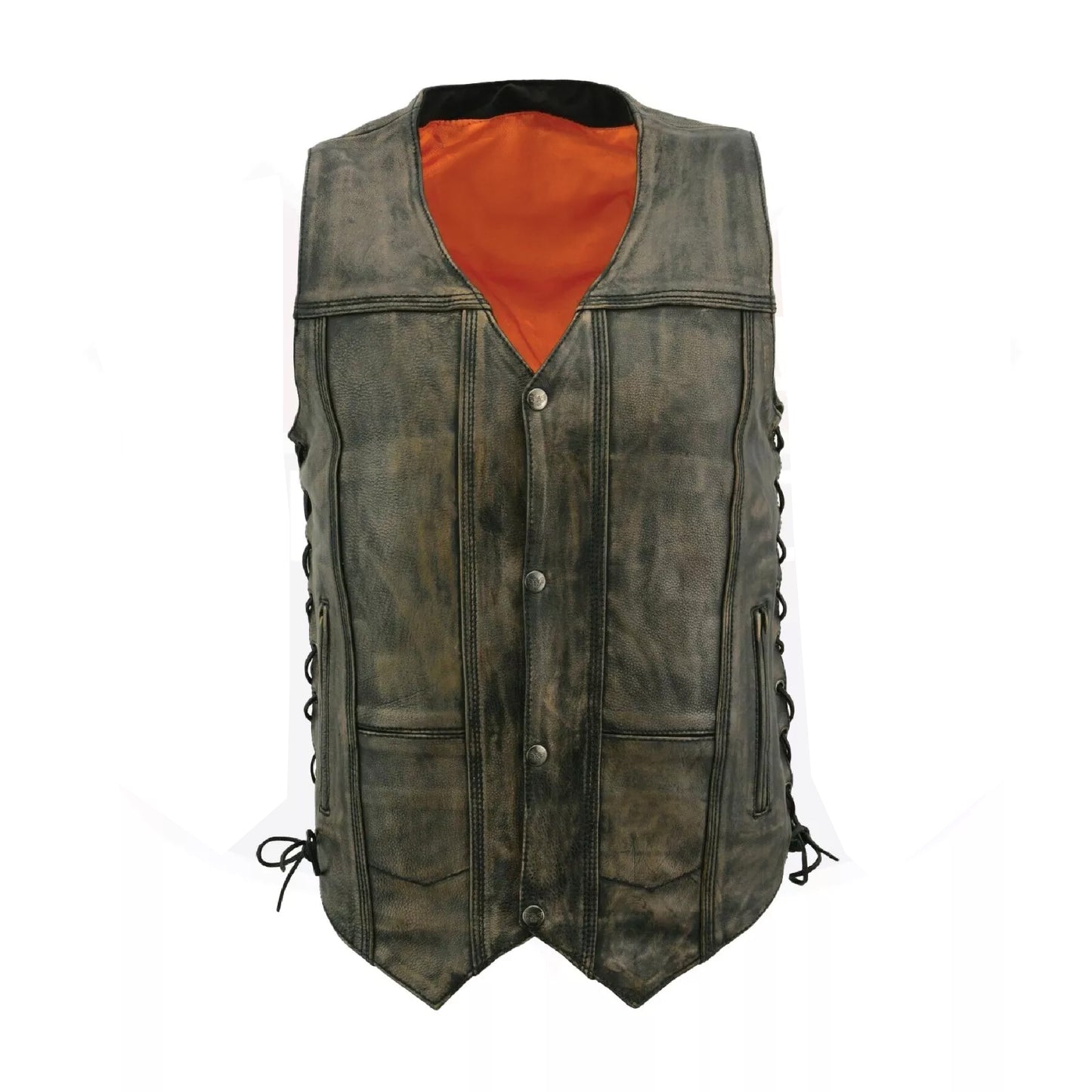 Men’s Distressed Brown Leather Motorcycle Vest – Riding Style w/ Inside Gun Pocket