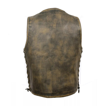 Men’s Distressed Brown Leather Motorcycle Vest – Riding Style w/ Inside Gun Pocket