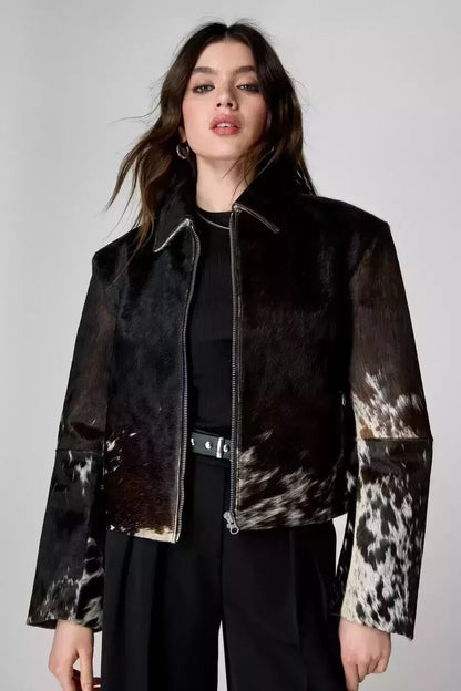 Women Natural Genuine Pony Skin Hair Cowhide Leather Jacket - Fashion Fur Coat