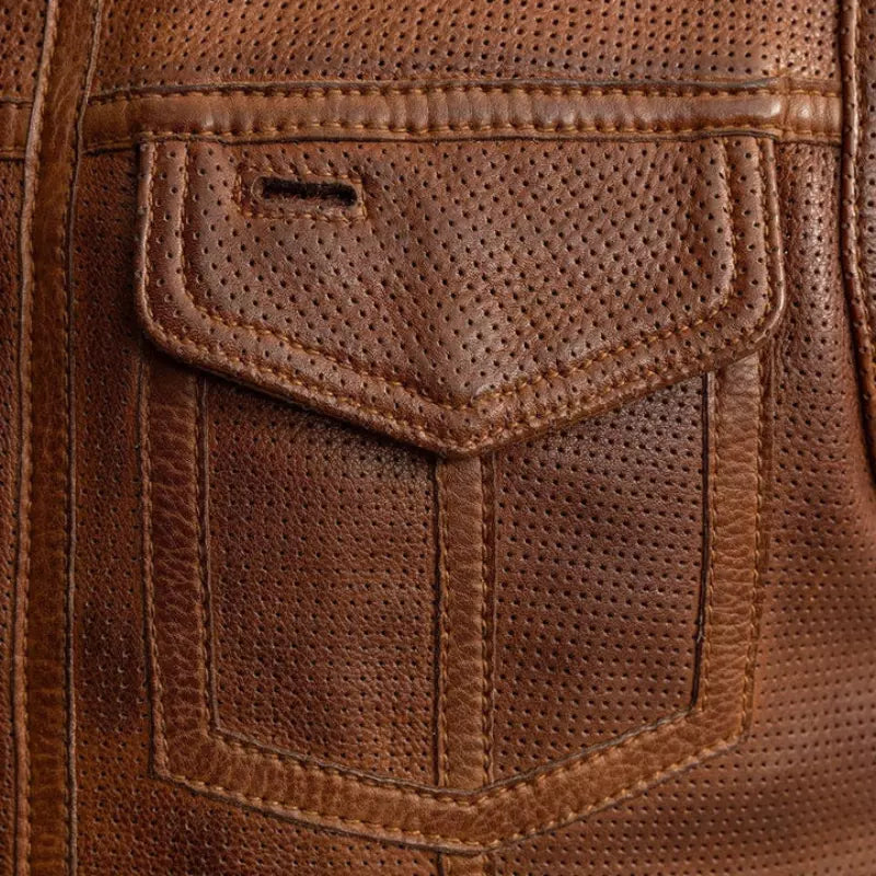Men's Motorcycle Vest – Low Side Cut, Perforated Soft Genuine Cowhide Leather, Grid Pattern Biker Vest