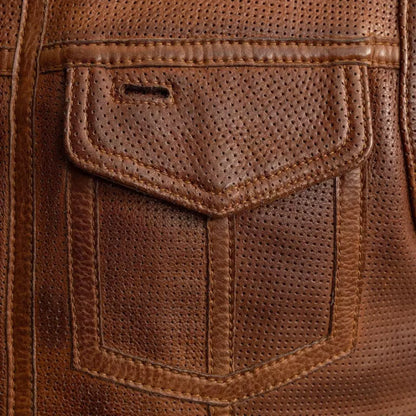 Men's Motorcycle Vest – Low Side Cut, Perforated Soft Genuine Cowhide Leather, Grid Pattern Biker Vest