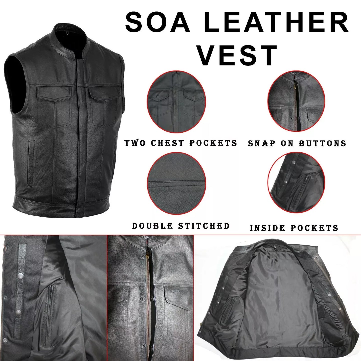Men's Motorcycle Club Leather Vest – Concealed Carry, Solid Back for Patches