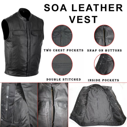 Men's Motorcycle Club Leather Vest – Concealed Carry, Solid Back for Patches