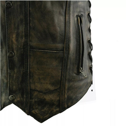 Men’s Distressed Brown Leather Motorcycle Vest – Riding Style w/ Inside Gun Pocket