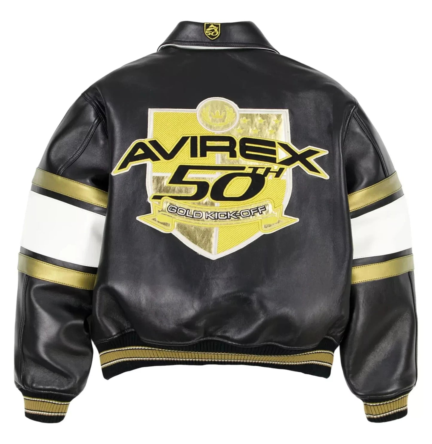 NEW Men’s Avirex 50th Anniversary Black & Gold Leather Bomber Jacket – NWT Limited Edition