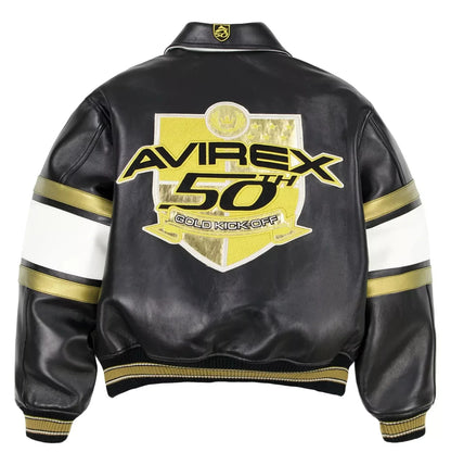 NEW Men’s Avirex 50th Anniversary Black & Gold Leather Bomber Jacket – NWT Limited Edition