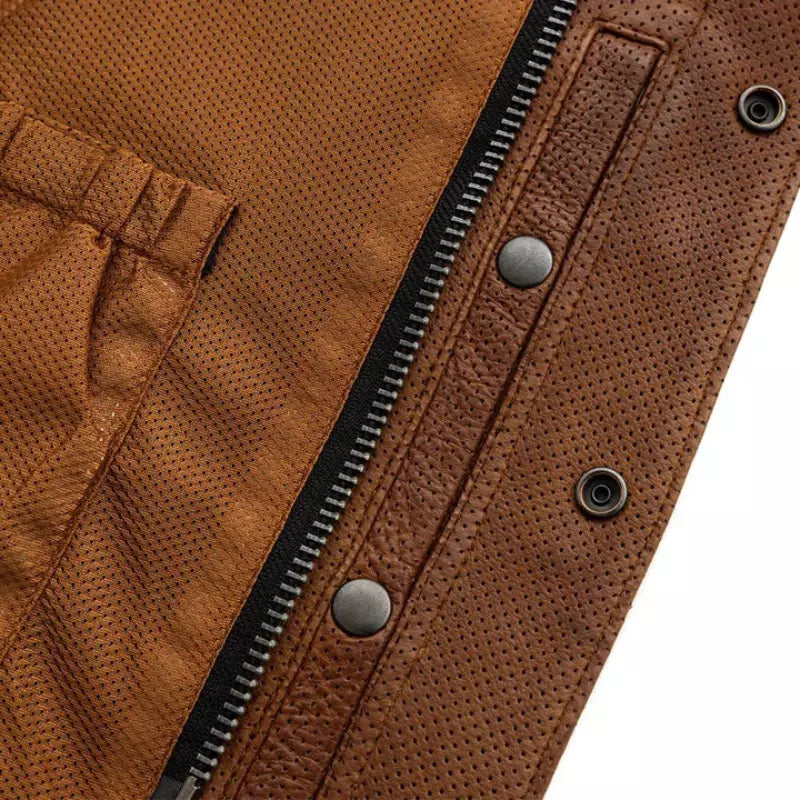 Men's Motorcycle Vest – Low Side Cut, Perforated Soft Genuine Cowhide Leather, Grid Pattern Biker Vest