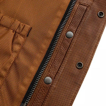 Men's Motorcycle Vest – Low Side Cut, Perforated Soft Genuine Cowhide Leather, Grid Pattern Biker Vest