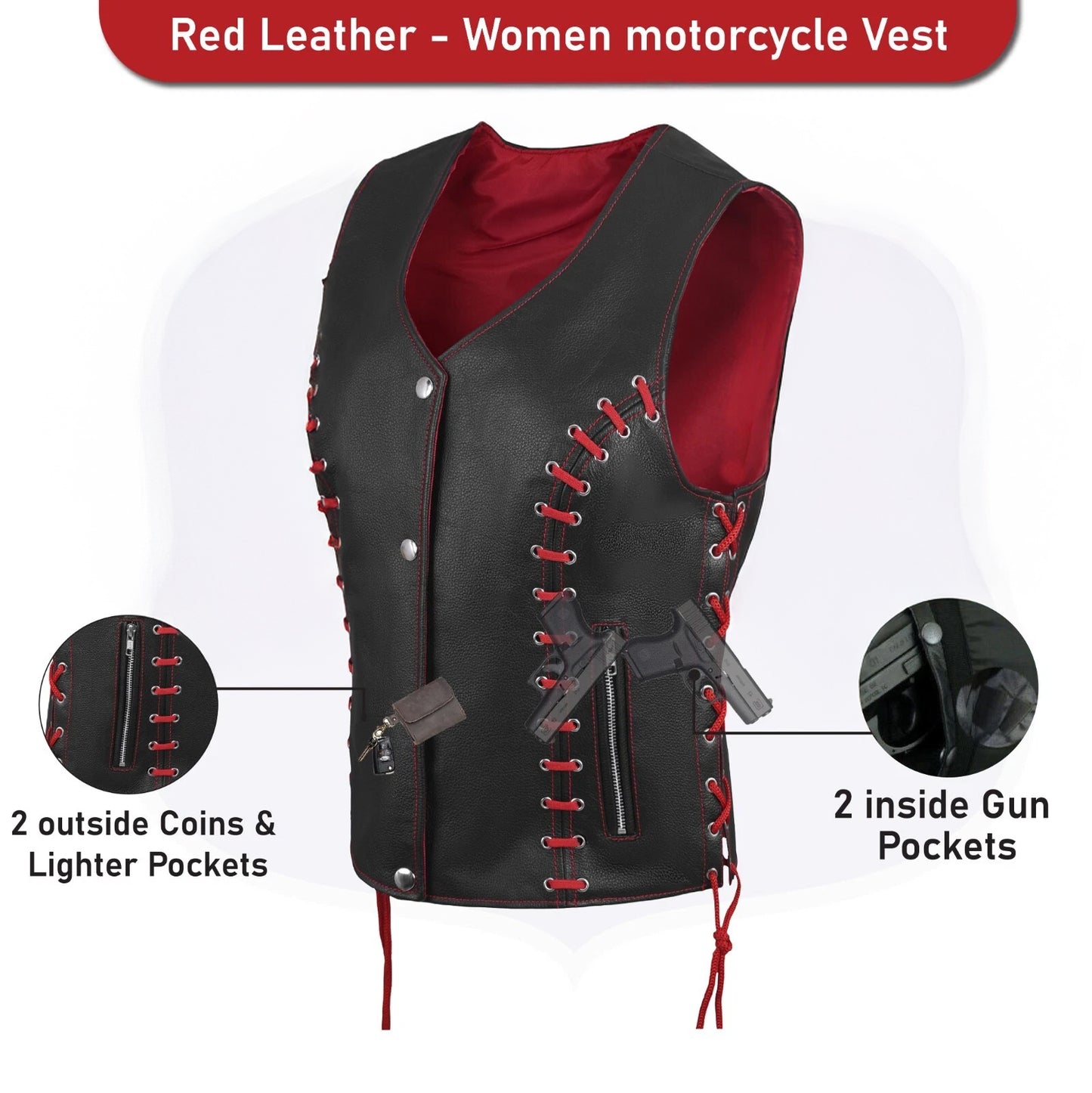 Women's Red & Black Buffalo Leather Vest – Stylish Eyelet Detailing
