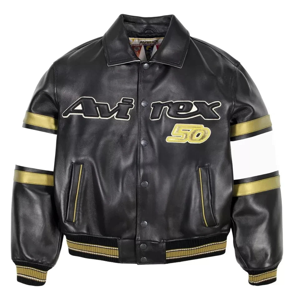 NEW Men’s Avirex 50th Anniversary Black & Gold Leather Bomber Jacket – NWT Limited Edition