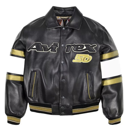 NEW Men’s Avirex 50th Anniversary Black & Gold Leather Bomber Jacket – NWT Limited Edition