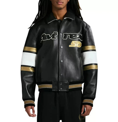 NEW Men’s Avirex 50th Anniversary Black & Gold Leather Bomber Jacket – NWT Limited Edition