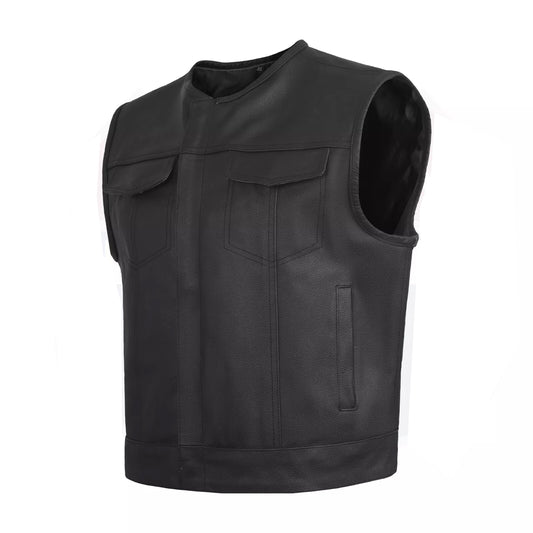 Men’s Low Rise Short Torso Black Leather Vest – Club Style Motorcycle Fit