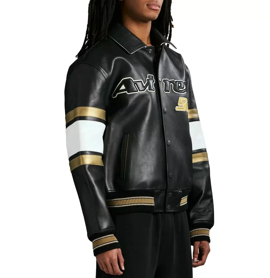 NEW Men’s Avirex 50th Anniversary Black & Gold Leather Bomber Jacket – NWT Limited Edition