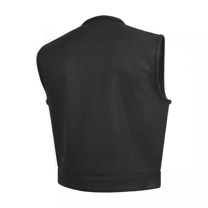 Men’s Low Rise Short Torso Black Leather Vest – Club Style Motorcycle Fit