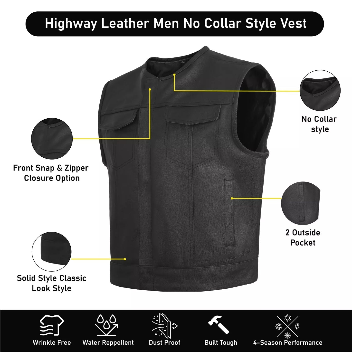 Men’s Low Rise Short Torso Black Leather Vest – Club Style Motorcycle Fit