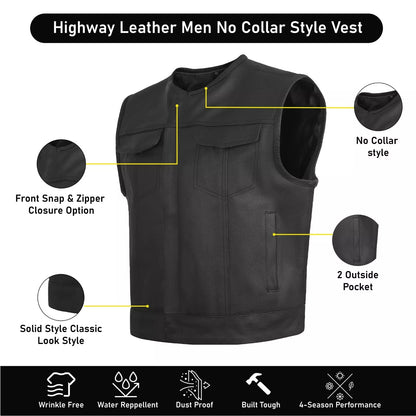 Men’s Low Rise Short Torso Black Leather Vest – Club Style Motorcycle Fit