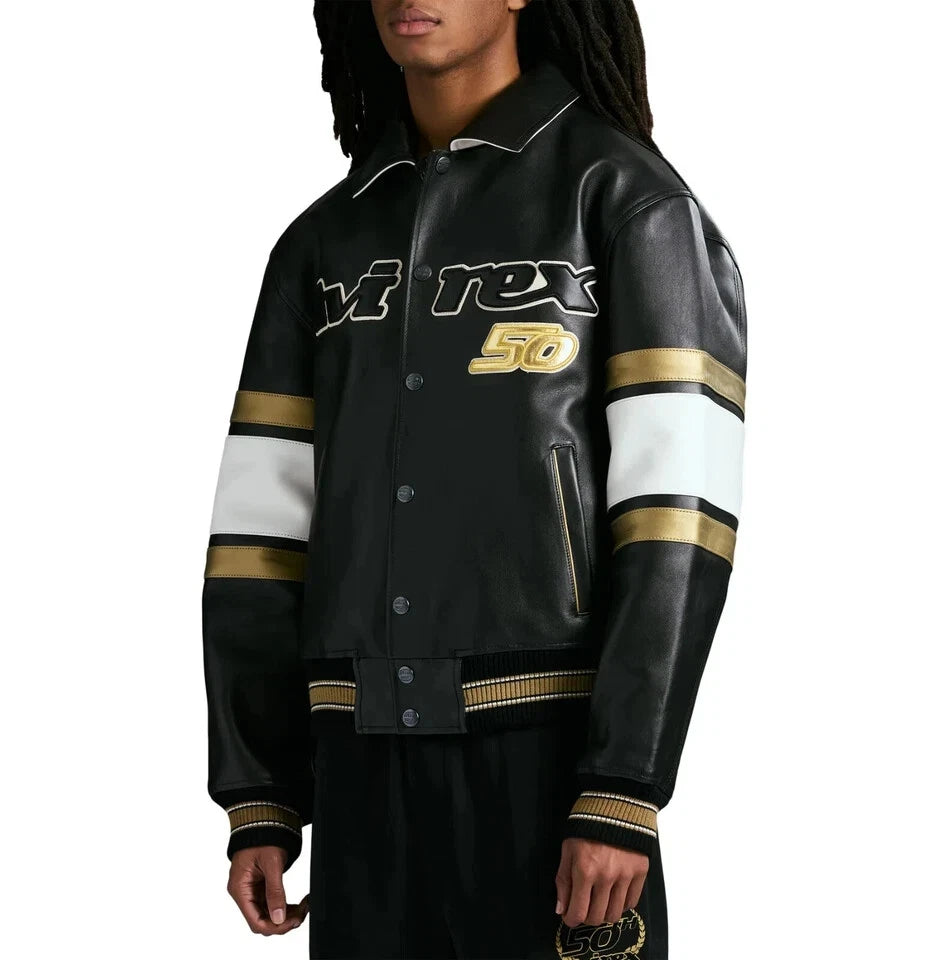 NEW Men’s Avirex 50th Anniversary Black & Gold Leather Bomber Jacket – NWT Limited Edition