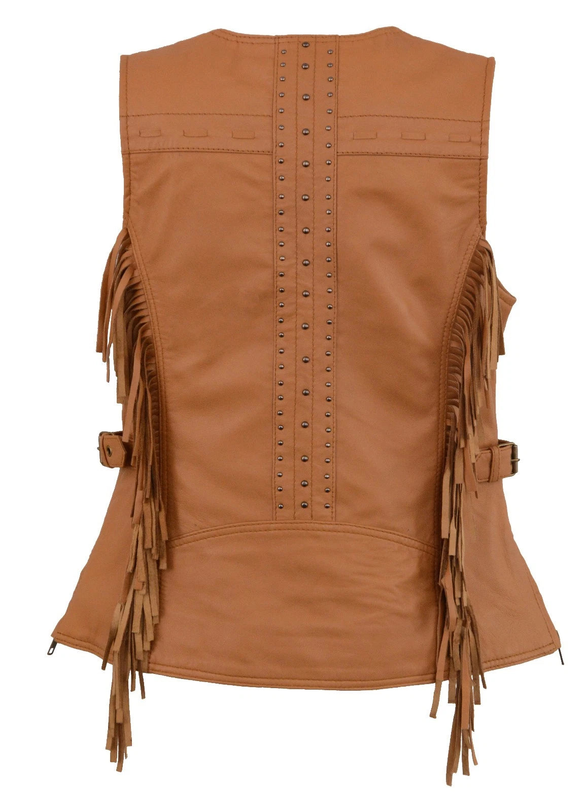 Women's Tan Leather Biker Vest – Soft Cowhide, Snap Front, Fringe Back Style