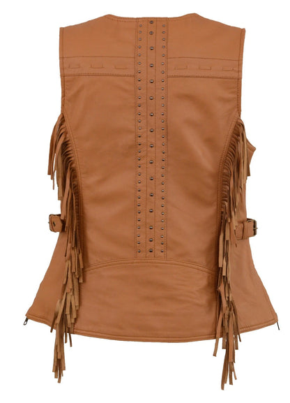 Women's Tan Leather Biker Vest – Soft Cowhide, Snap Front, Fringe Back Style