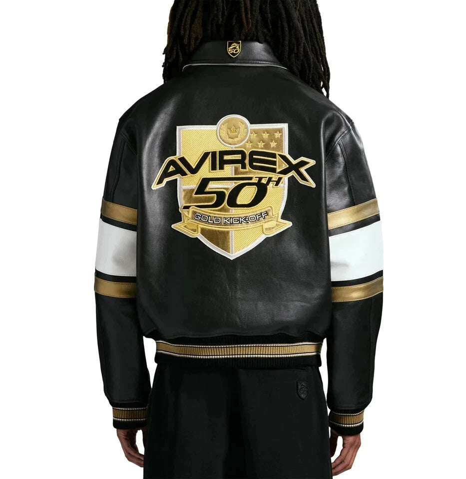 NEW Men’s Avirex 50th Anniversary Black & Gold Leather Bomber Jacket – NWT Limited Edition