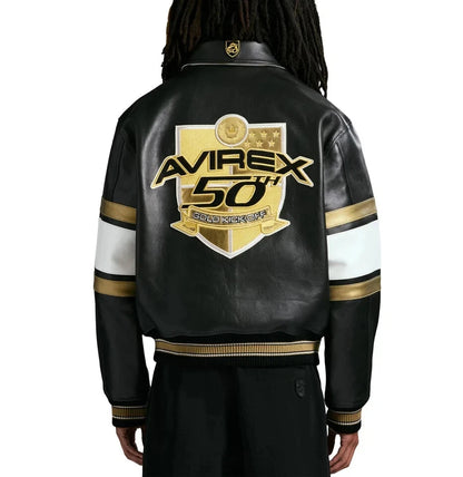 NEW Men’s Avirex 50th Anniversary Black & Gold Leather Bomber Jacket – NWT Limited Edition