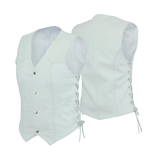 Ladies’ White Leather Motorcycle Vest with Concealed Carry – Club Style