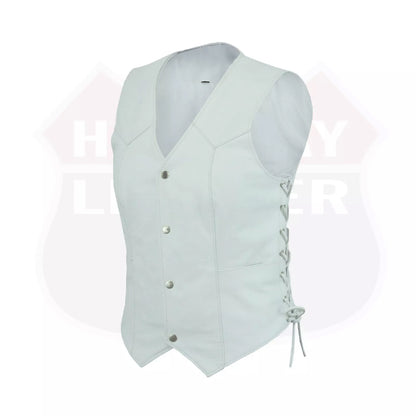 Ladies’ White Leather Motorcycle Vest with Concealed Carry – Club Style