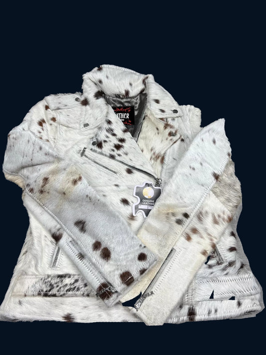 Real Cowhide Fur Leather Biker Jacket - Spotted White Hair-on Leather Motorcycle Jacket