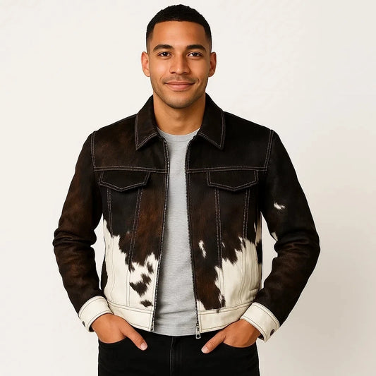 Men's Cowhide Hair-On Leather Jacket Real Pony Skin Animal Print Coat Premium