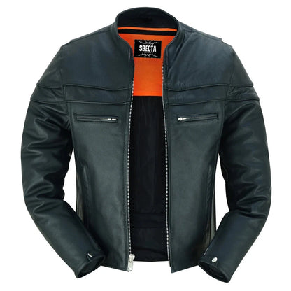 Men's Soft Grain Cowhide Leather jacket Café Racer Biker Style with Grid Leather
