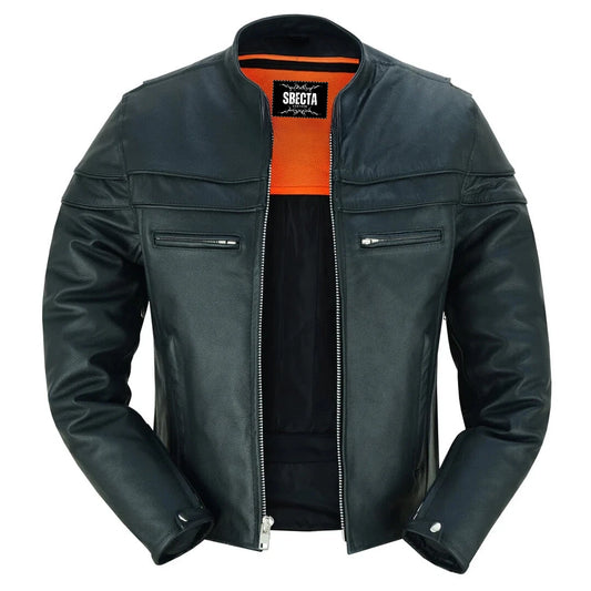 Men's Soft Grain Cowhide Leather jacket Café Racer Biker Style with Grid Leather