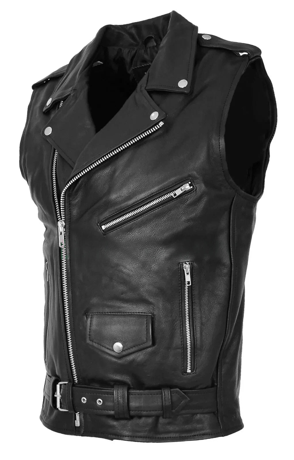 Men's Black Biker Leather Vest – Asymmetrical Zipper Motorcycle Club Style