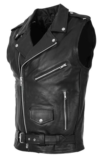 Men's Black Biker Leather Vest – Asymmetrical Zipper Motorcycle Club Style