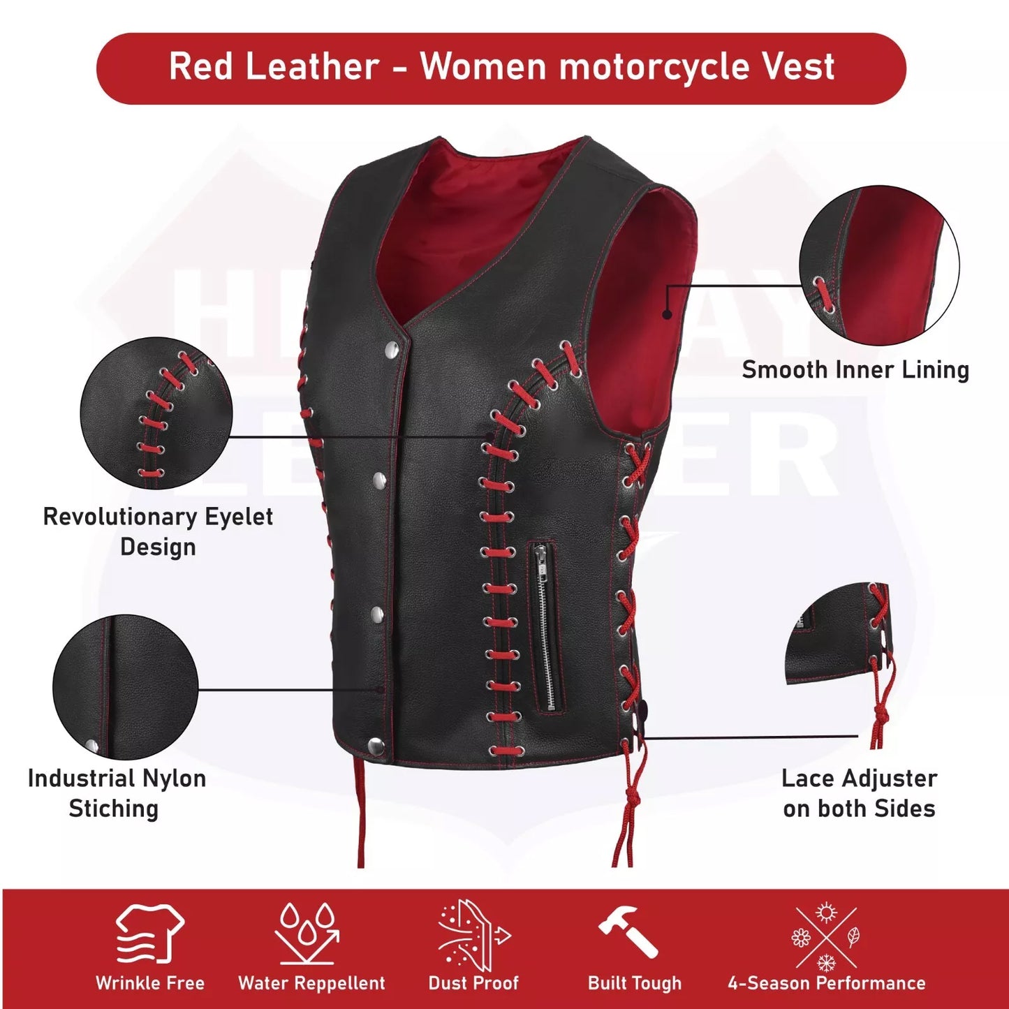 Women's Red & Black Buffalo Leather Vest – Stylish Eyelet Detailing