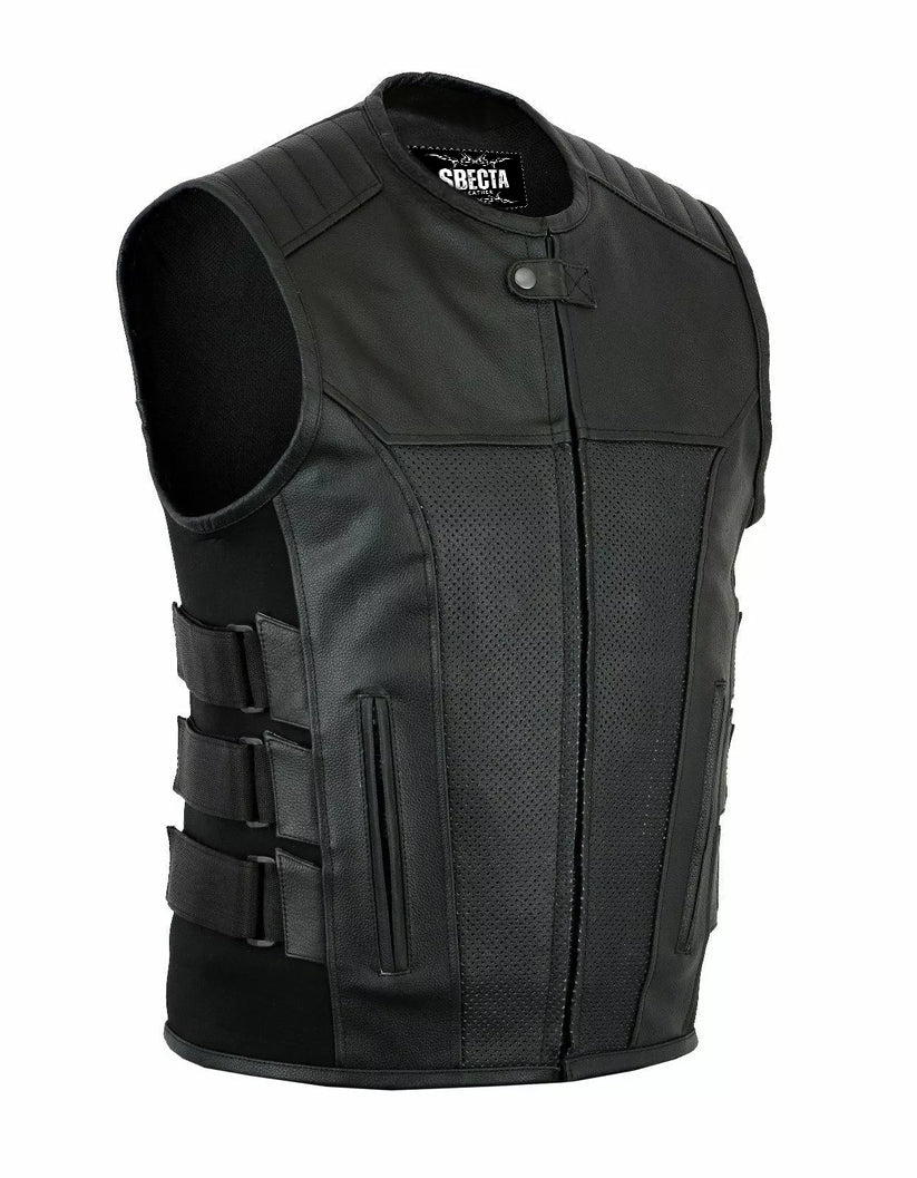 Men’s Real Leather Motorcycle Vest – Side Buckle Style, Lightweight Grid Leather for Summer Riders