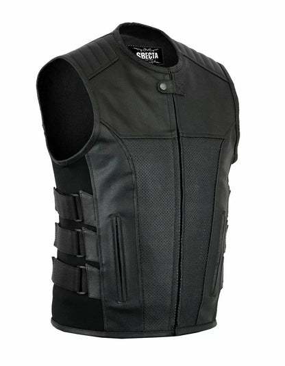 Men’s Real Leather Motorcycle Vest – Side Buckle Style, Lightweight Grid Leather for Summer Riders