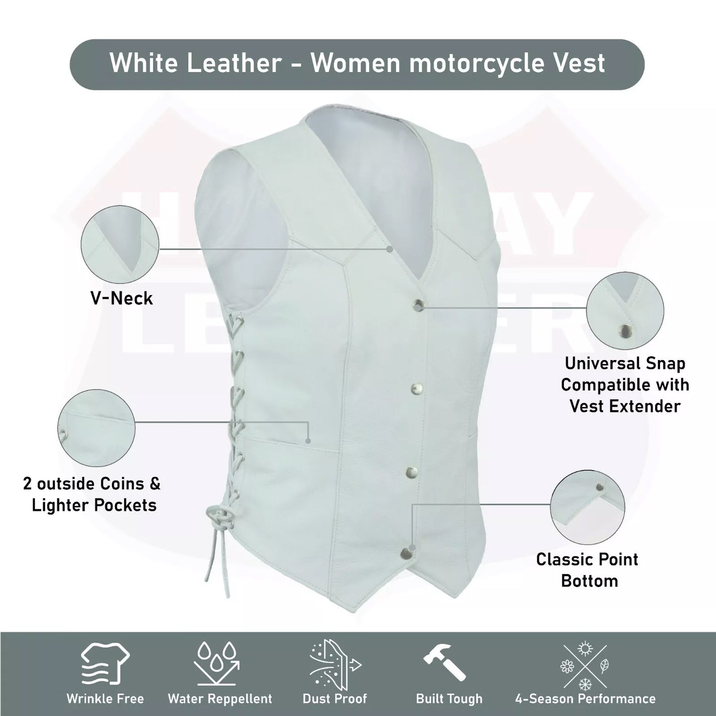 Ladies’ White Leather Motorcycle Vest with Concealed Carry – Club Style