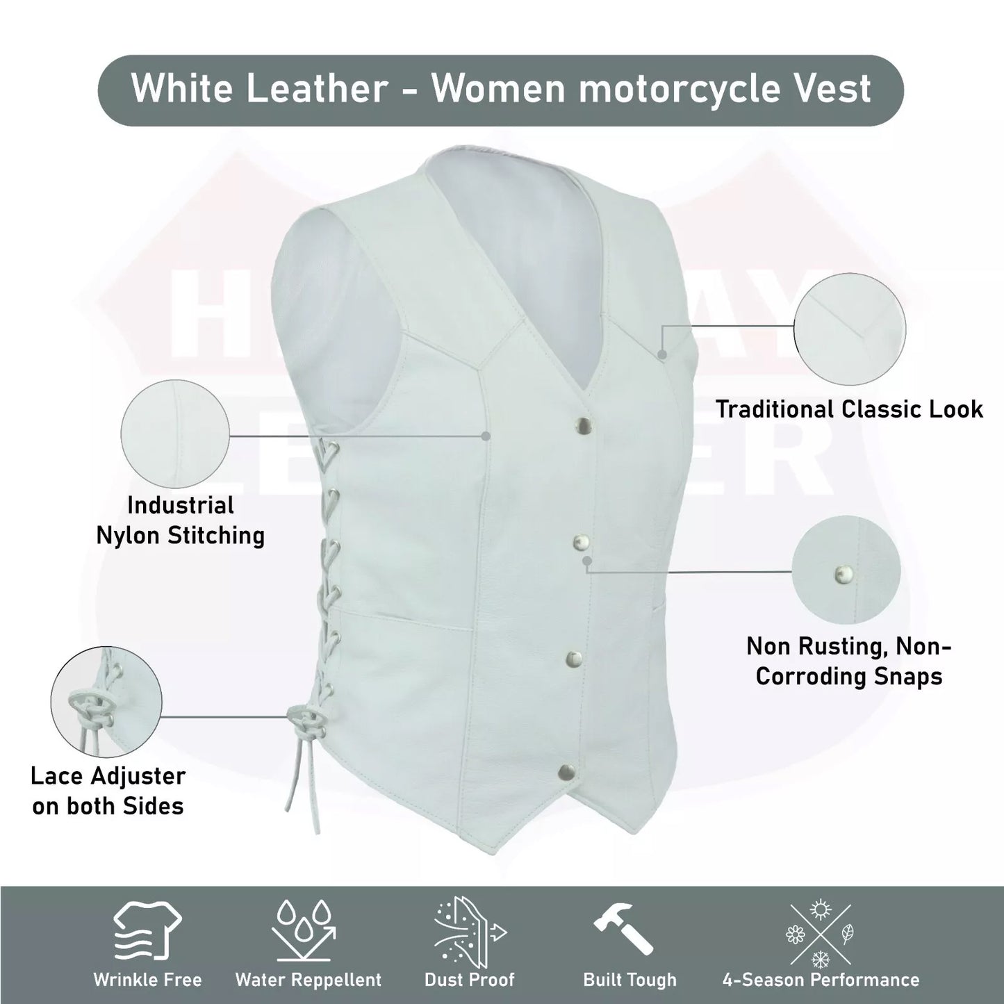Ladies’ White Leather Motorcycle Vest with Concealed Carry – Club Style