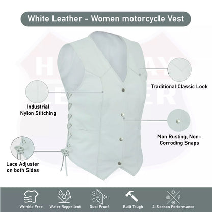 Ladies’ White Leather Motorcycle Vest with Concealed Carry – Club Style