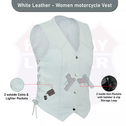 Ladies’ White Leather Motorcycle Vest with Concealed Carry – Club Style