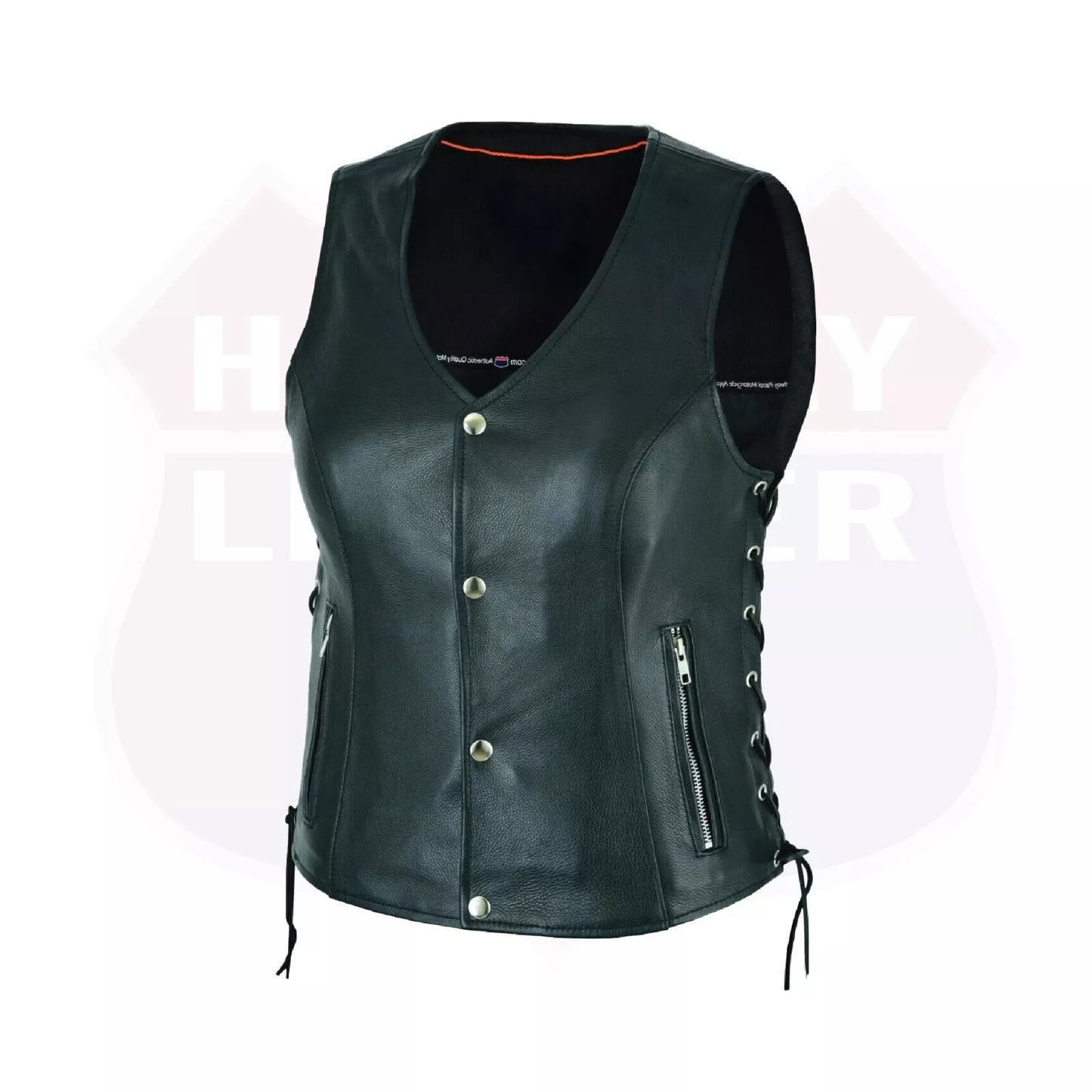 Ladies’ Leather Biker Vest – Side Lace Design with Zipper and Gun Pockets