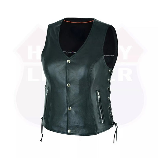 Ladies’ Leather Biker Vest – Side Lace Design with Zipper and Gun Pockets